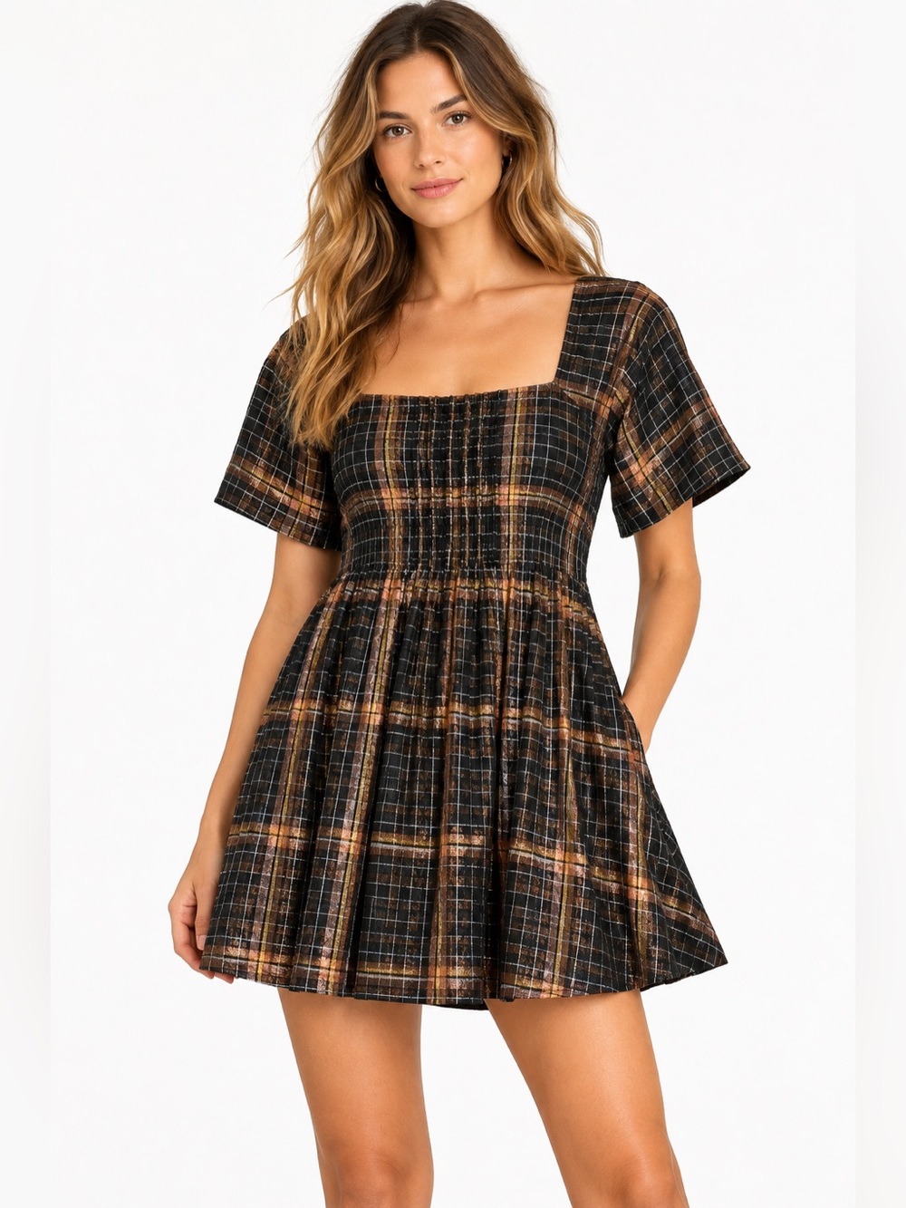 Free People Barcelona Plain Metallic Mini Dress | XS Black Bronze Gold